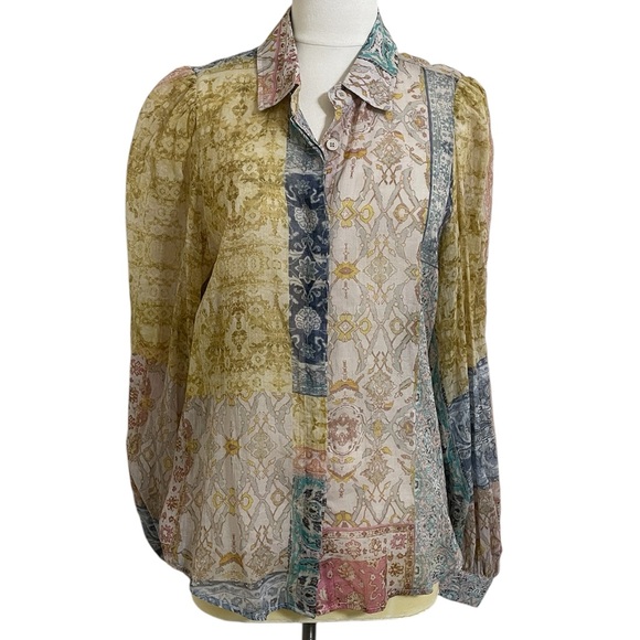 Olivaceous Tops - New Olivaceous Boho Semi-sheer Faded Patchwork Button Down Blouse Large